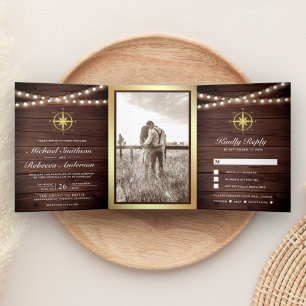 Rustic Wood Nautical Gold Compass Wedding Tri-Fold Invitation