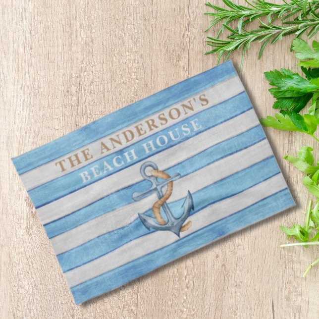 Rustic Wood Nautical Stripes Family Beach House Tea Towel (Creator Uploaded)