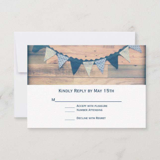 Rustic Wood Navy Banner Wedding RSVP Cards (Front)