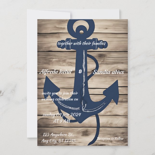 Rustic Wood Navy Blue Anchor Nautical Wedding  Invitation (Front)