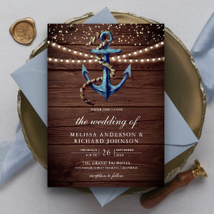 Rustic Wood Navy Blue Anchor Nautical Wedding  Invitation