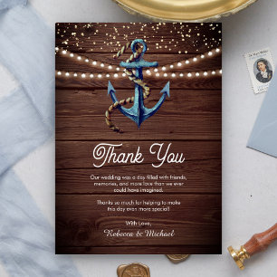 Rustic Wood Navy Blue Anchor Nautical Wedding  Thank You Card