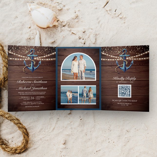 Rustic Wood Navy Blue Anchor QR Code Wedding Tri-Fold Invitation (Creator Uploaded)