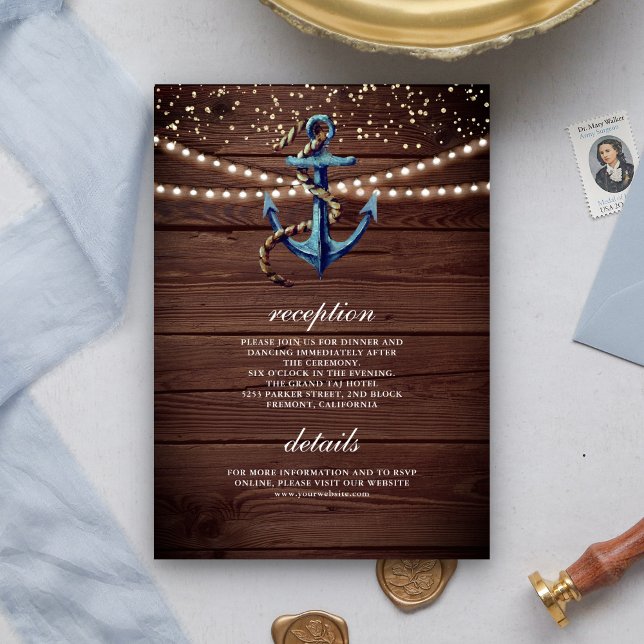Rustic Wood Navy Blue Anchor Wedding Details Enclosure Card (Creator Uploaded)