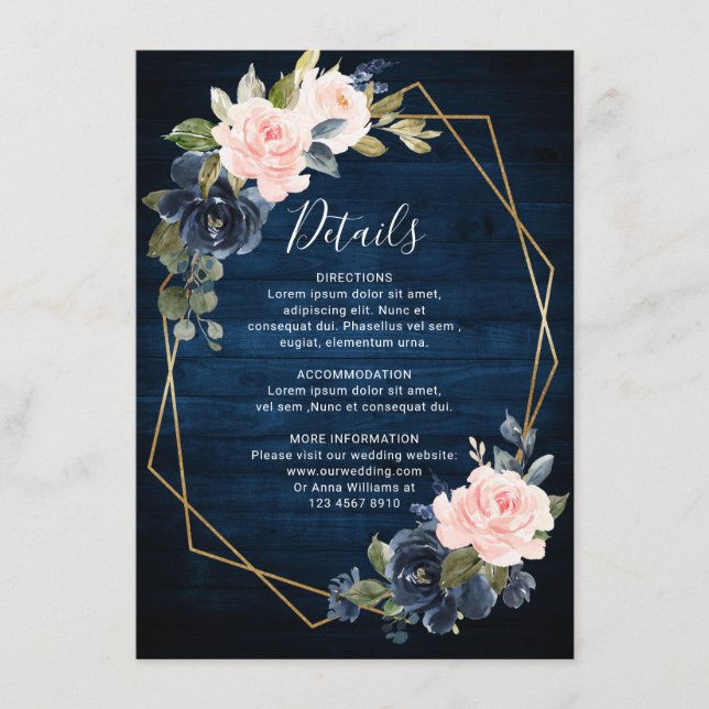 Rustic Wood Navy Blue Blush Pink Geometric Wedding Enclosure Card (Front)