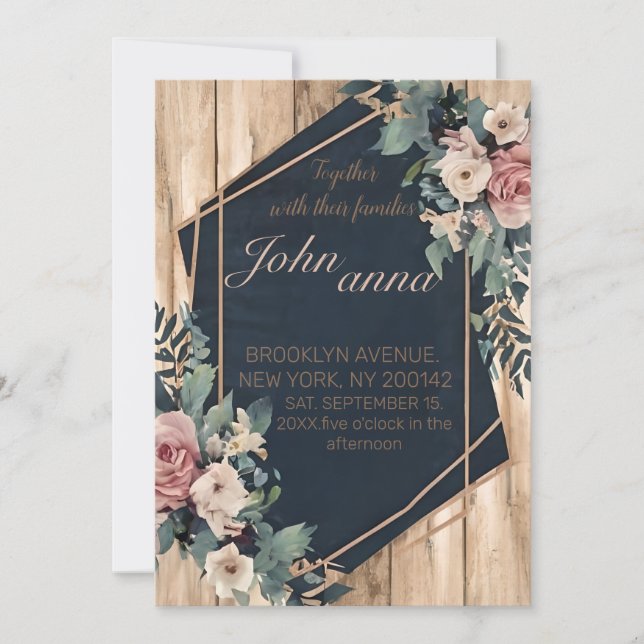 Rustic Wood Navy Blue Blush Pink Geometric Wedding Invitation (Front)