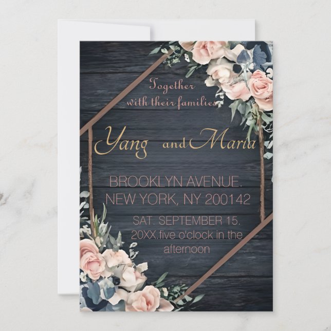 Rustic Wood Navy Blue Blush Pink Geometric Wedding Invitation (Front)
