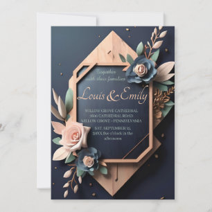 Rustic Wood Navy Blue Blush Pink Geometric Wedding Invitation
