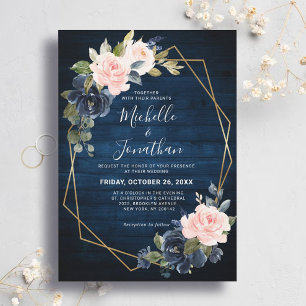 Rustic Wood Navy Blue Blush Pink Geometric Wedding Invitation