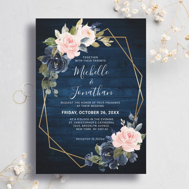 Rustic Wood Navy Blue Blush Pink Geometric Wedding Invitation (Creator Uploaded)