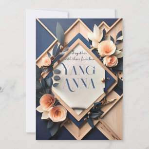 Rustic Wood Navy Blue Blush Pink Geometric Wedding Invitation