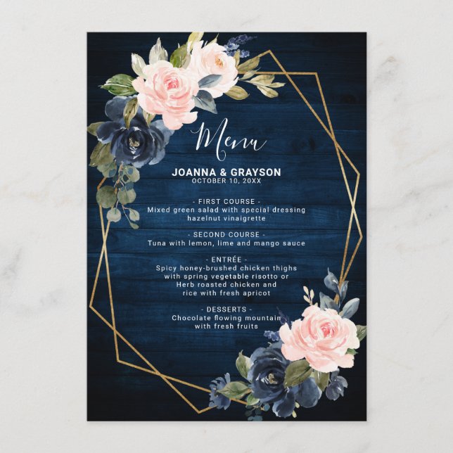 Rustic Wood Navy Blue Blush Pink Geometric Wedding Menu (Front)