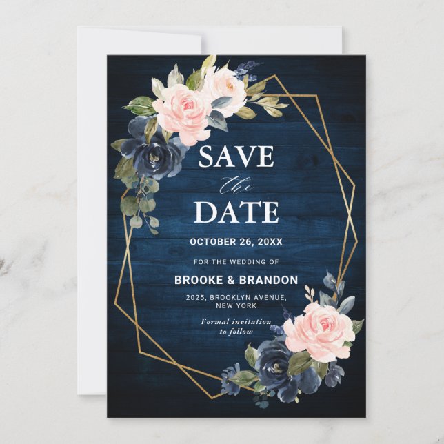 Rustic Wood Navy Blue Blush Pink Geometric Wedding Save The Date (Front)