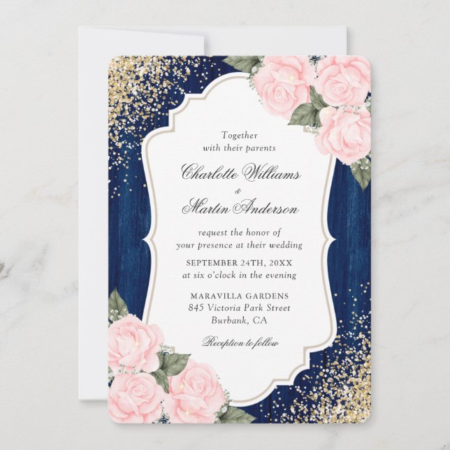 Rustic Wood Navy Blue Blush Rose Confetti Wedding Invitation (Front)
