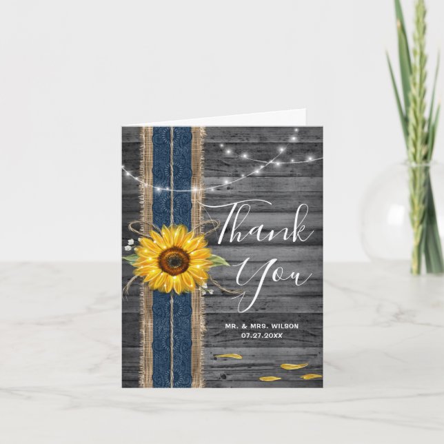 Rustic Wood Navy Blue Lace Photo Sunflower Wedding Thank You Card (Front)