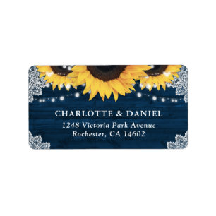Rustic Wood Navy Blue Sunflower Wedding Address Label