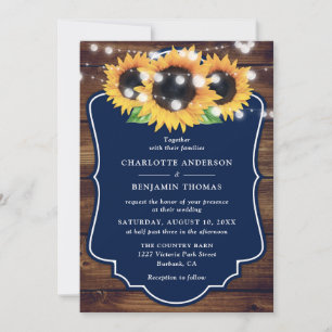 Rustic Wood Navy Blue Sunflower Wedding Invitation
