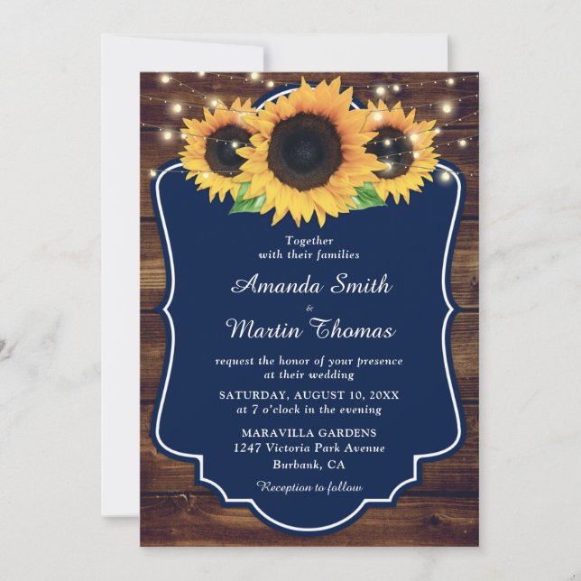 Rustic Wood Navy Blue Sunflower Wedding Invitation (Front)