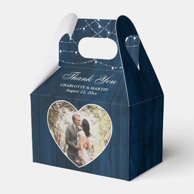 Rustic Wood Navy Blue Wedding Photo Favour Box (Front Side)