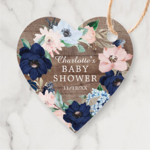 Rustic Wood Navy & Blush Floral Baby Shower Favour Tags