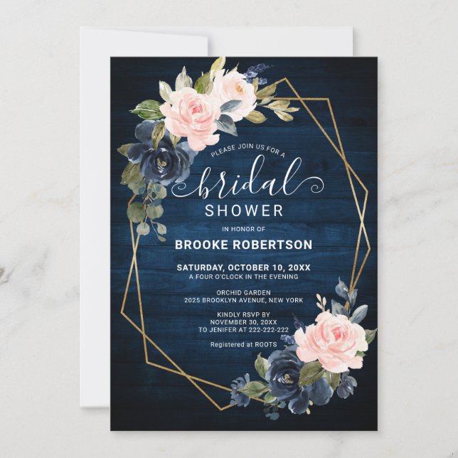 Rustic Wood Navy Blush Geometric Bridal Shower Invitation (Front)
