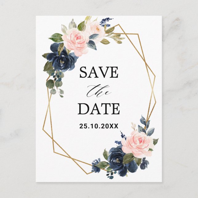 Rustic Wood Navy Blush Geometric Save the Date Postcard (Front)