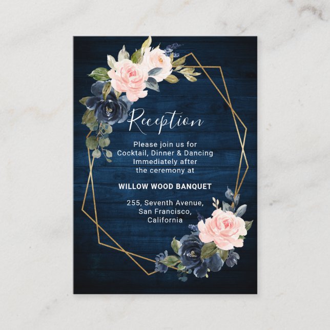 Rustic Wood Navy Blush Geometric Wedding Reception Enclosure Card (Front)