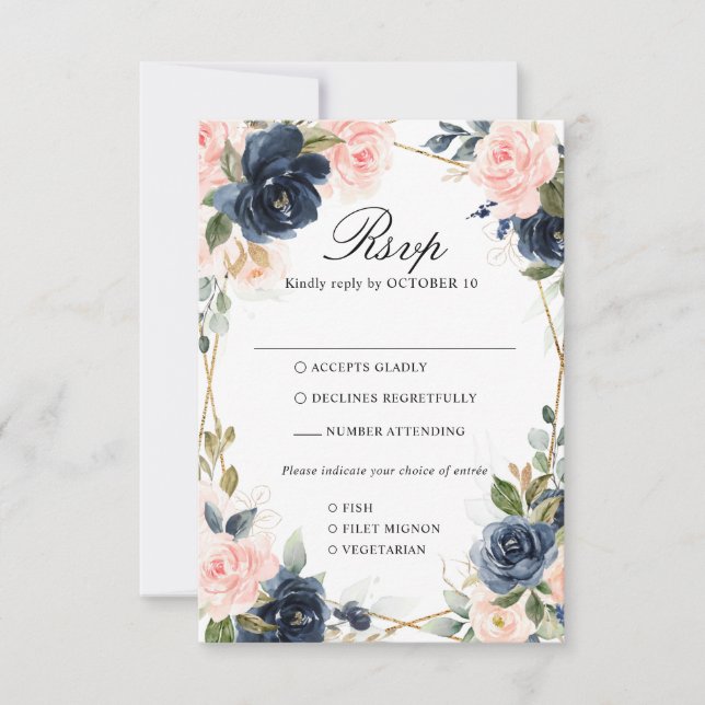 Rustic Wood Navy Blush Geometric Wedding RSVP Card (Front)