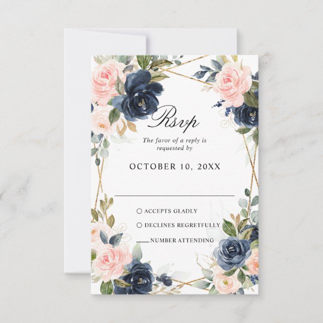 Rustic Wood Navy Blush Geometric Wedding RSVP Card (Front)