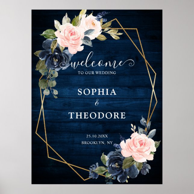 Rustic Wood Navy Blush Geometric Wedding Welcome Poster (Front)