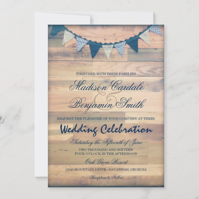 Rustic Wood Navy Bunting Banner Wedding Invites (Front)