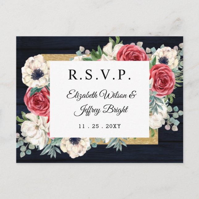 Rustic Wood Navy Burgundy Gold Floral RSVP  Invitation Postcard (Front)