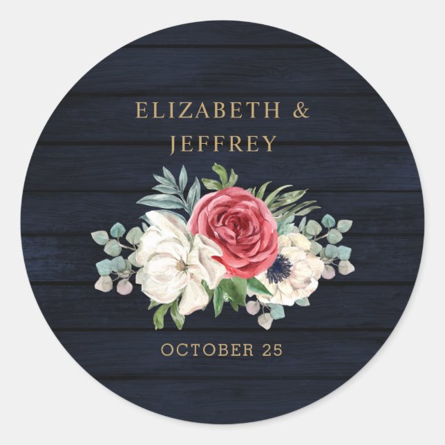 Rustic Wood Navy Burgundy Gold Floral Wedding Classic Round Sticker (Front)