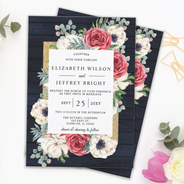 Rustic Wood Navy Burgundy Gold Floral Wedding Invitation (Creator Uploaded)