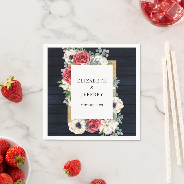 Rustic Wood Navy Burgundy Gold Floral Wedding Napkin (Insitu)