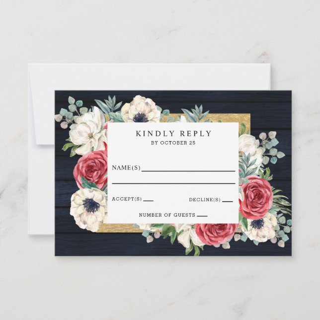 Rustic Wood Navy Burgundy Gold Floral Wedding RSVP Card (Front)