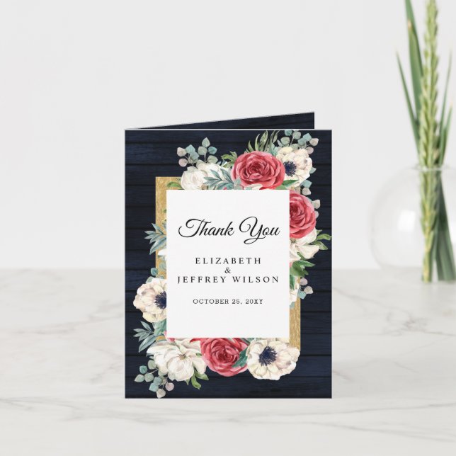 Rustic Wood Navy Burgundy Gold Thank You Card (Front)