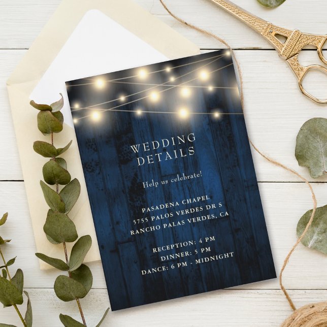 Rustic Wood Navy String Lights Wedding Reception Enclosure Card (Creator Uploaded)