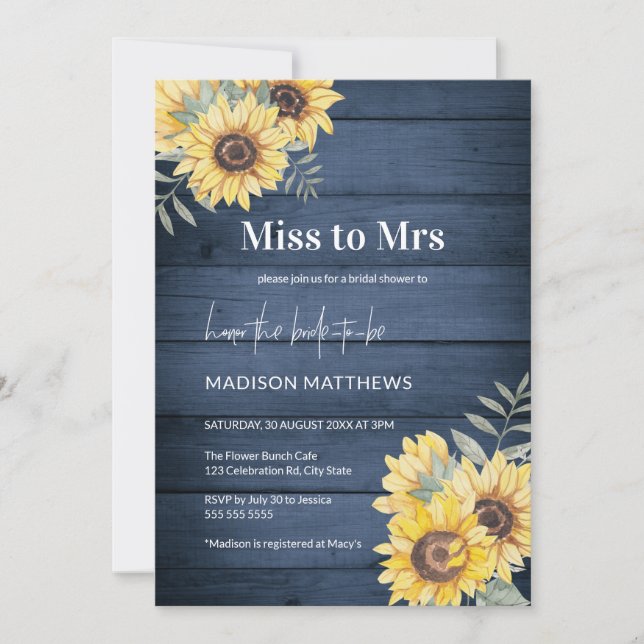 Rustic Wood Navy Sunflower Bridal Shower  Invitation (Front)