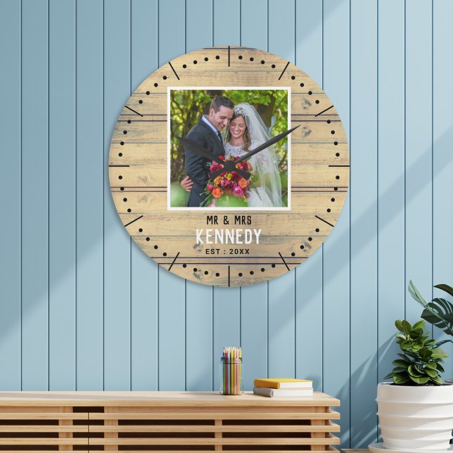  Rustic Wood Newly Wed Photo Wedding Anniversary   Large Clock (Rustic Wood Newly Wed Photo Wedding Anniversary Large Clock)