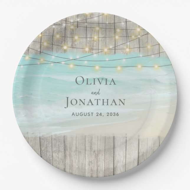 Rustic Wood Ocean Beach String Lights Wedding Paper Plate (Front)