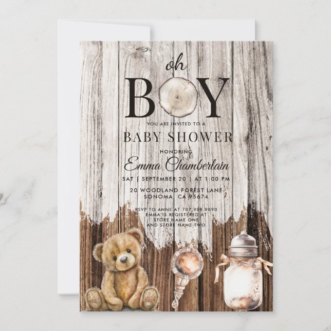 Rustic Wood Oh Boy Baby Shower Invitation (Front)