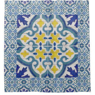 Rustic Wood Old Havana Tile Pattern Painted Blue Shower Curtain