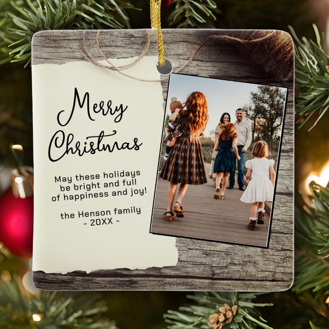 Rustic Wood Old Paper Merry Christmas Familly Ceramic Ornament (Creator Uploaded)