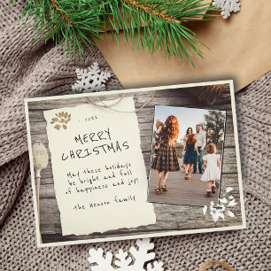 Rustic Wood Old Paper Script Christmas Photo Holid Holiday Card
