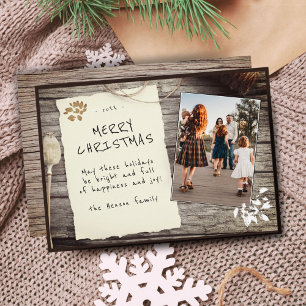 Rustic Wood Old Paper Script Christmas Photo Holiday Card