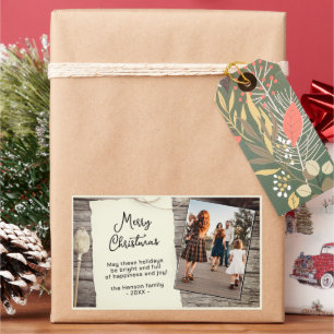 Rustic Wood Old Paper Script Christmas Photo Rectangular Sticker
