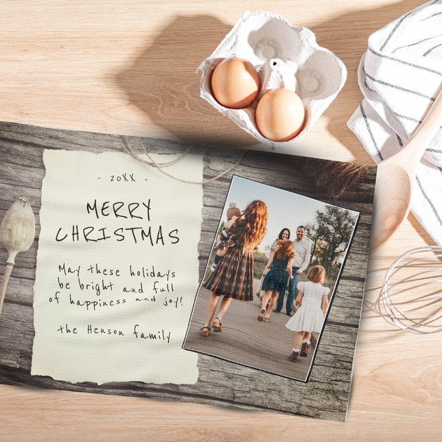 Rustic Wood Old Paper Script Christmas Photo  Tea Towel (Creator Uploaded)