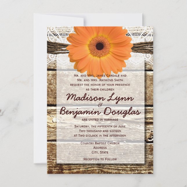 Rustic Wood Orange Daisy Wedding Invitations (Front)