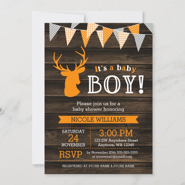 Rustic Wood Orange Deer Boy Baby Shower Invitation (Front)